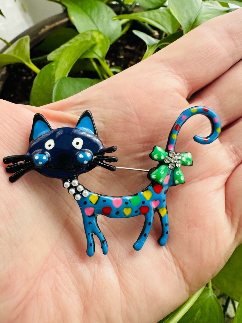 Blue Rhinestone Cat Brooch Pin with Heart Accents 2.6” long